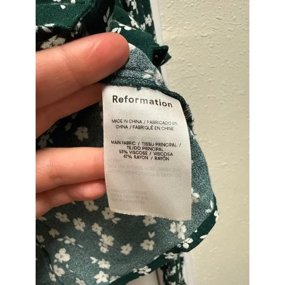 Reformation Ditsy Print Green Puff Sleeve V Neck Dainty Nell Top Size Small